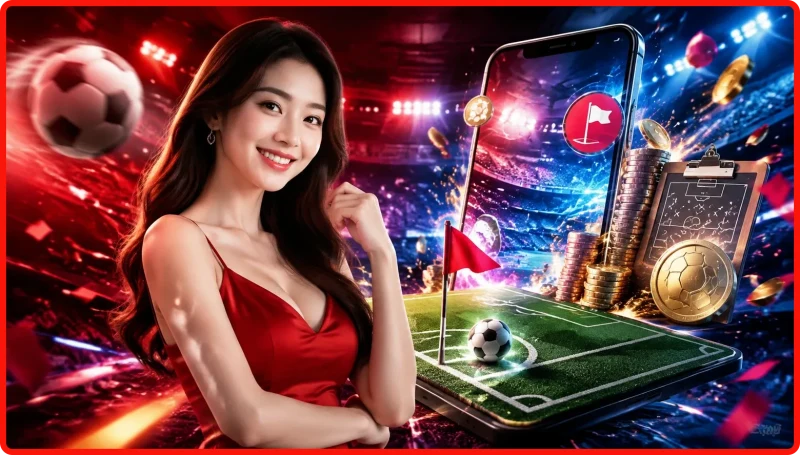 Hình ảnh quả bóng đá đặt ở chấm phạt góc, cờ phạt góc phát sáng, với các đường nét kỹ thuật số tượng trưng cho kèo phạt góc và sự hấp dẫn của nó.